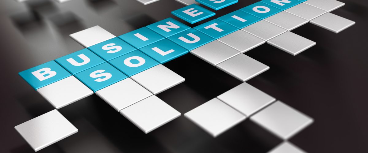 Word Business Solution written on blue square blocks over black background